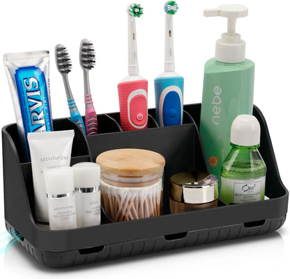 GFWARE Wood Toothbrush Holders for Bathrooms Countertop Organizer - Detachable 7 Slots Kid Bathroom Decor and Accessories, Wooden Bathroom Sink Storage Organization, Caddy, Tray, Brown