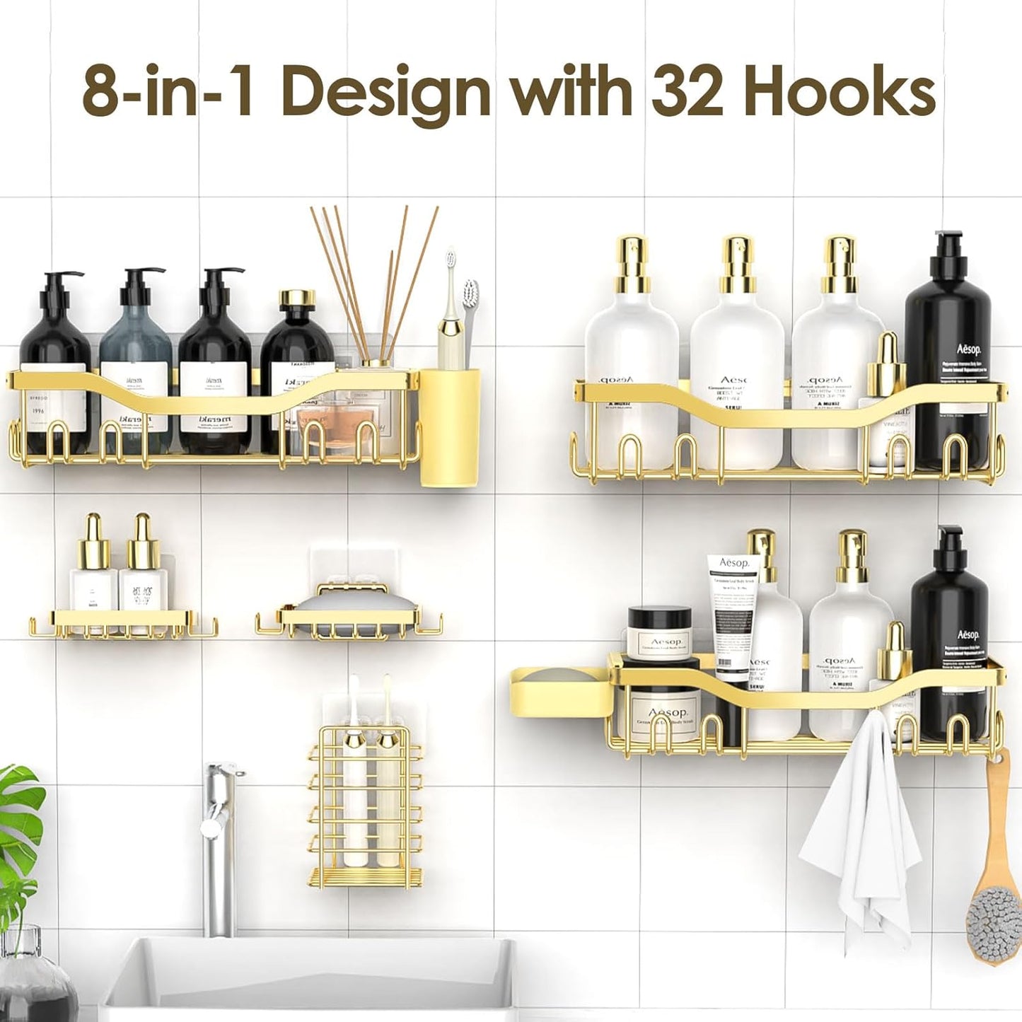 NESOMI Shower Caddy Adhesive Shower Organizer 7-Pack, Rustproof Stainless Steel Bathroom Shelves, Large Capacity No-Drill Rack Storage Accessories with Soap Dish Toothbrush Holder &24 Hooks Home Decor