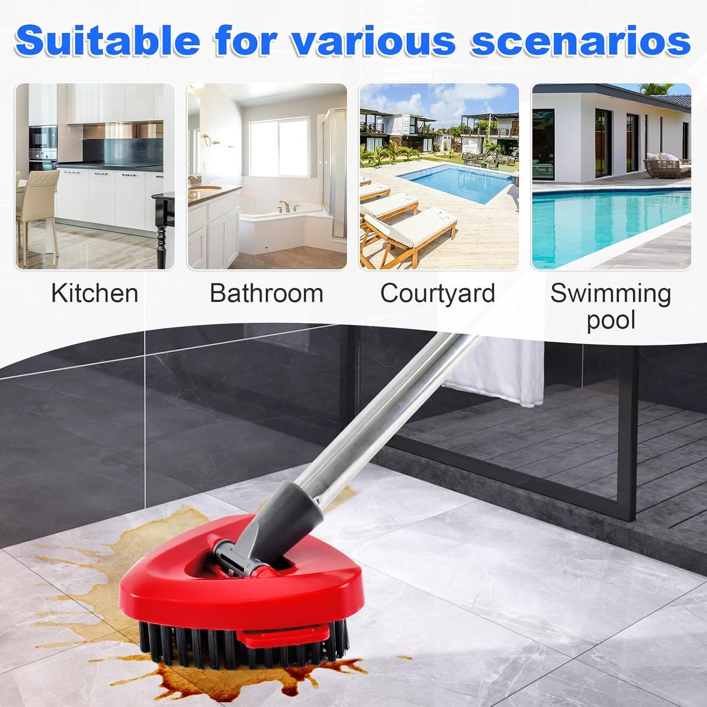 4 Part Stainless Steel Spin Mop Handles, Mop Base & Upgrade Scrub Brush Combo for Ocedar EasyWring 1 Tank Spin Mop System, Mop Handle Mop Base & Brush Set for O Cedar Mop, Universal Thin Screw Joints