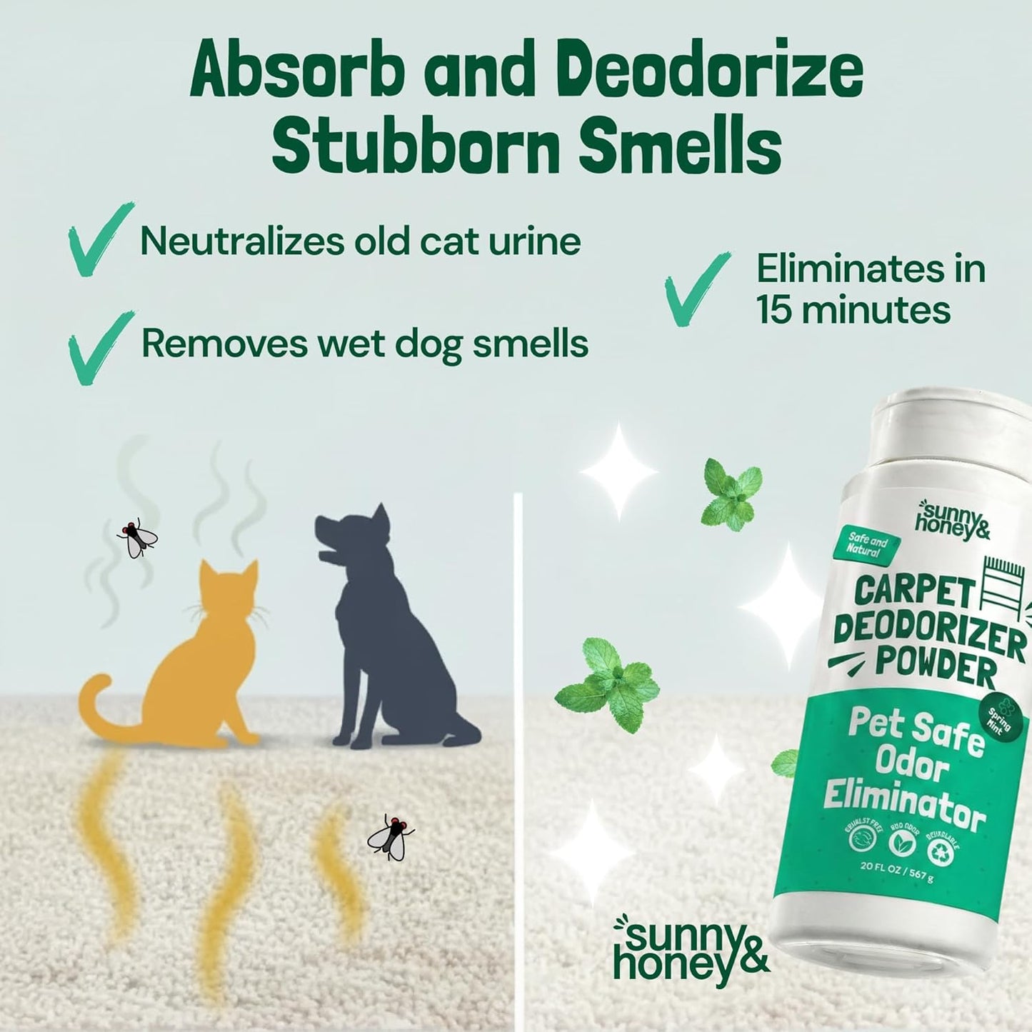 Sunny & Honey Carpet Deodorizer and Freshener Powder - Pet Safe Rug Refresher for Vacuuming - Berry Odor Eliminator for Strong Odor and Pet Urine (20 oz)
