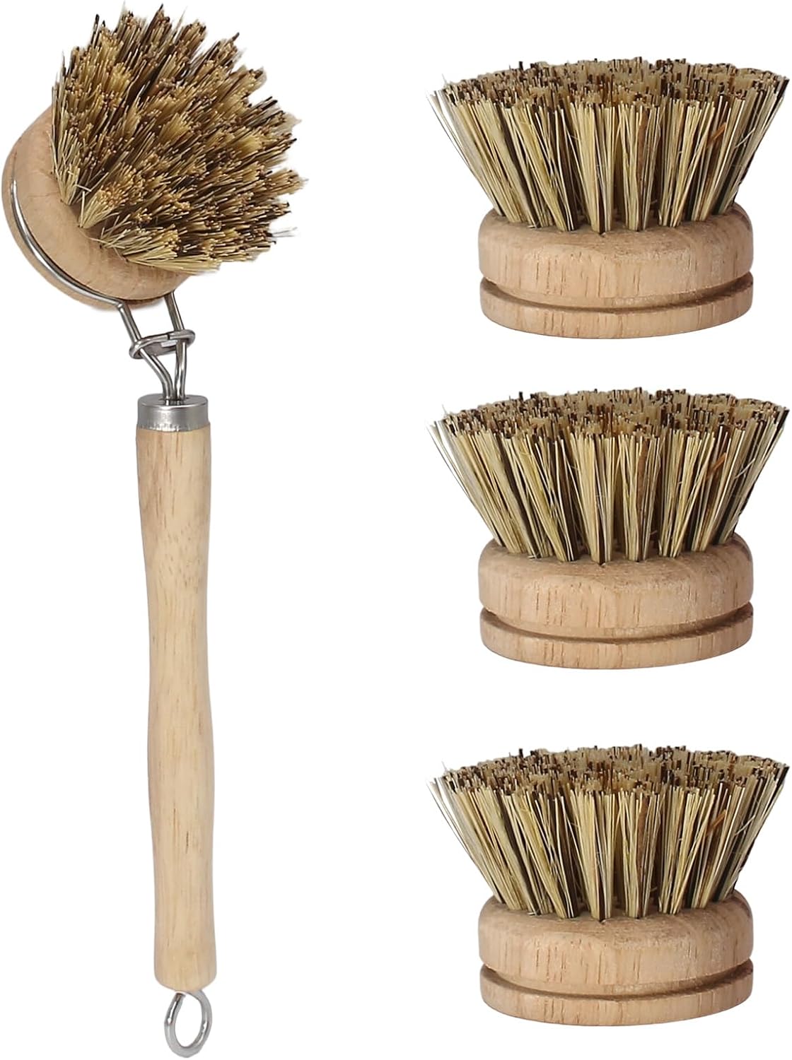Wooden Dish Brush Set, 4 Natural Bristle Replacement Heads with 1 Sturdy Wooden Handle, Sisal Kitchen Scrub Brush for Pots, Pans, Vegetables and Cookware