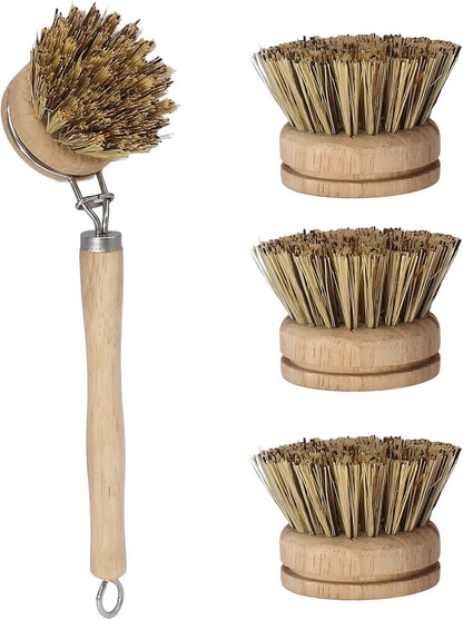 Wooden Dish Brush Set, 4 Natural Bristle Replacement Heads with 1 Sturdy Wooden Handle, Sisal Kitchen Scrub Brush for Pots, Pans, Vegetables and Cookware