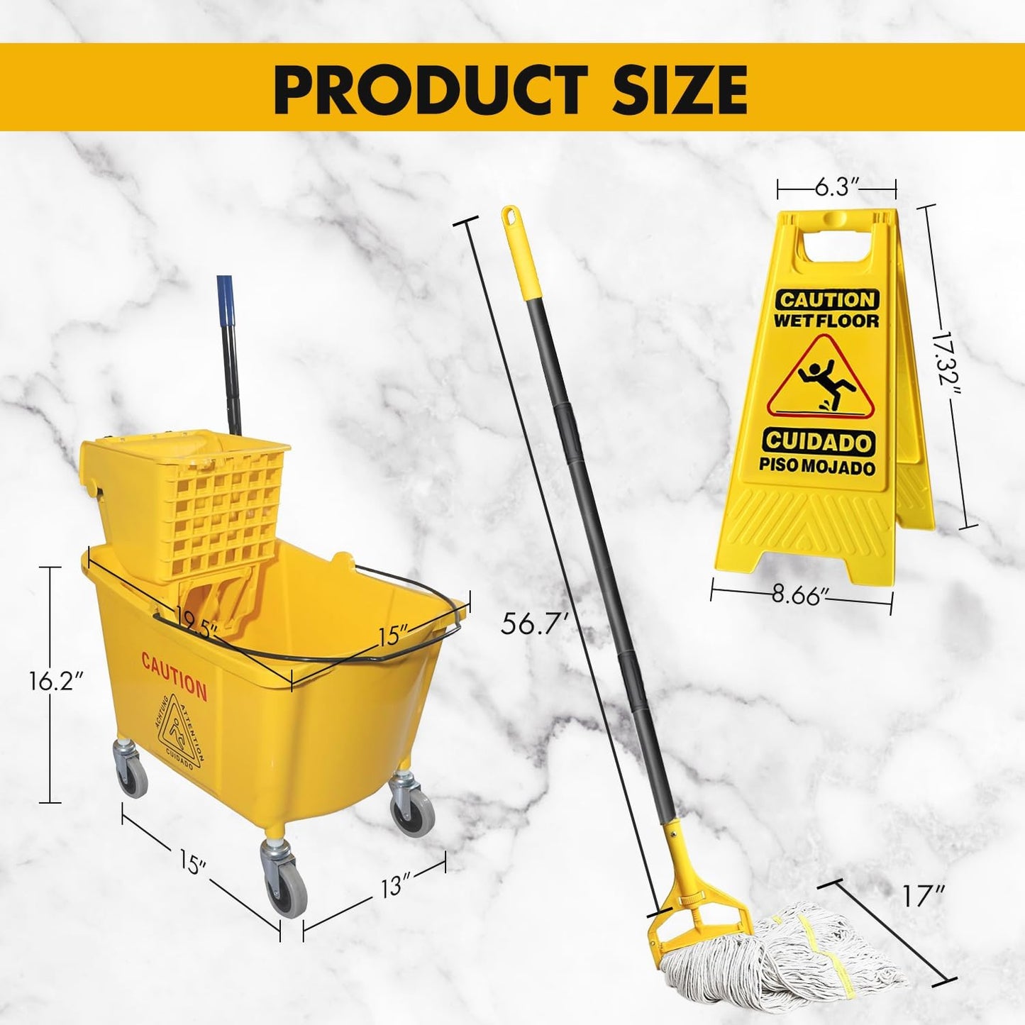 KULED Commercial Mop Bucket with Side Press Wringer, Including Wet Floor Caution Sign and One Industrial Mop with 2 Mop Heads, for Floor Cleaning and Mopping, 38 Quart, Yellow