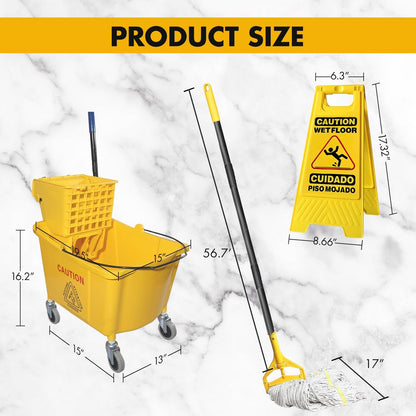 KULED Commercial Mop Bucket with Side Press Wringer, Including Wet Floor Caution Sign and One Industrial Mop with 2 Mop Heads, for Floor Cleaning and Mopping, 38 Quart, Yellow