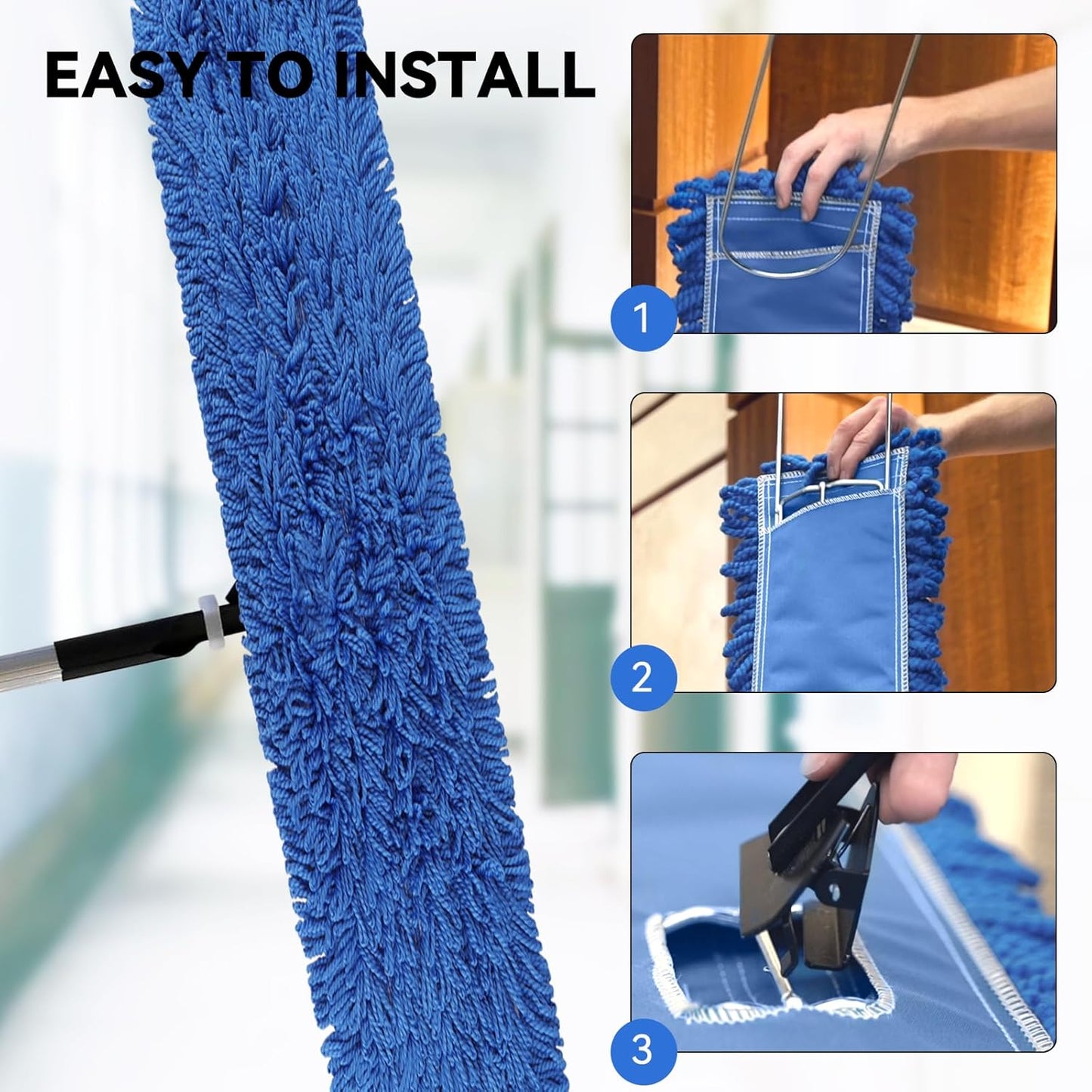 3 Pack 24 Inch Microfiber Dust Mop Head, Medium Washable Commercial Sweeper and Janitorial, Blue