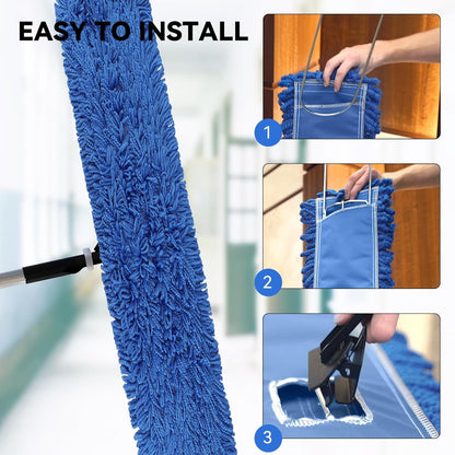 3 Pack 24 Inch Microfiber Dust Mop Head, Medium Washable Commercial Sweeper and Janitorial, Blue
