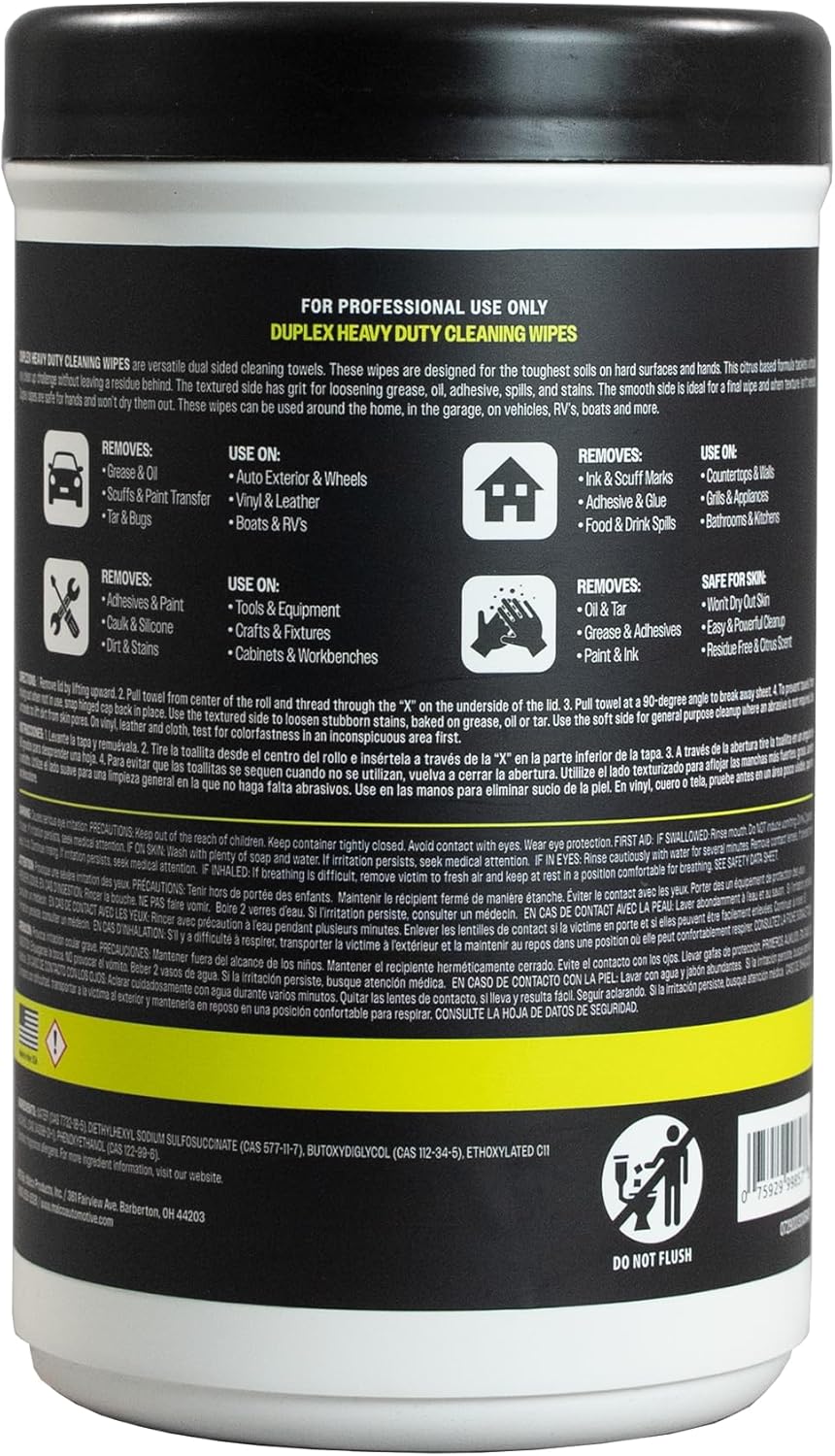 Malco Duplex Heavy Duty Cleaning Wipes for Home and Auto - Dual Sided Textured, Wet Wipe/Removes Grease, Tar, Paint, Oil, Dirt/No Residue/Safe for Hands/Made in USA (130 Wipes)