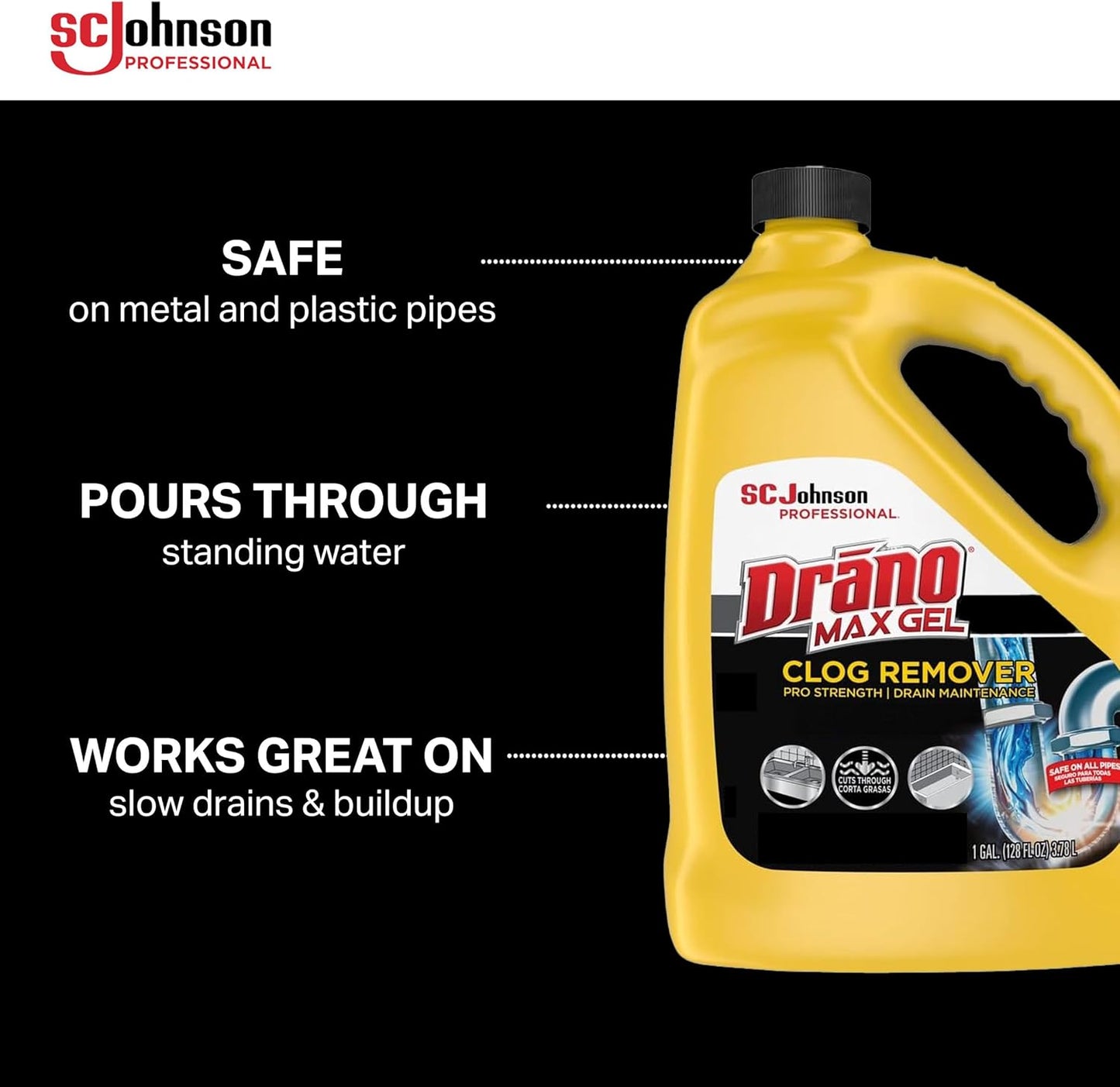 SC Johnson Professional Drano 696642 Max Gel Clog Remover, Bleach Scent, 128 oz Bottle, 4/Carton