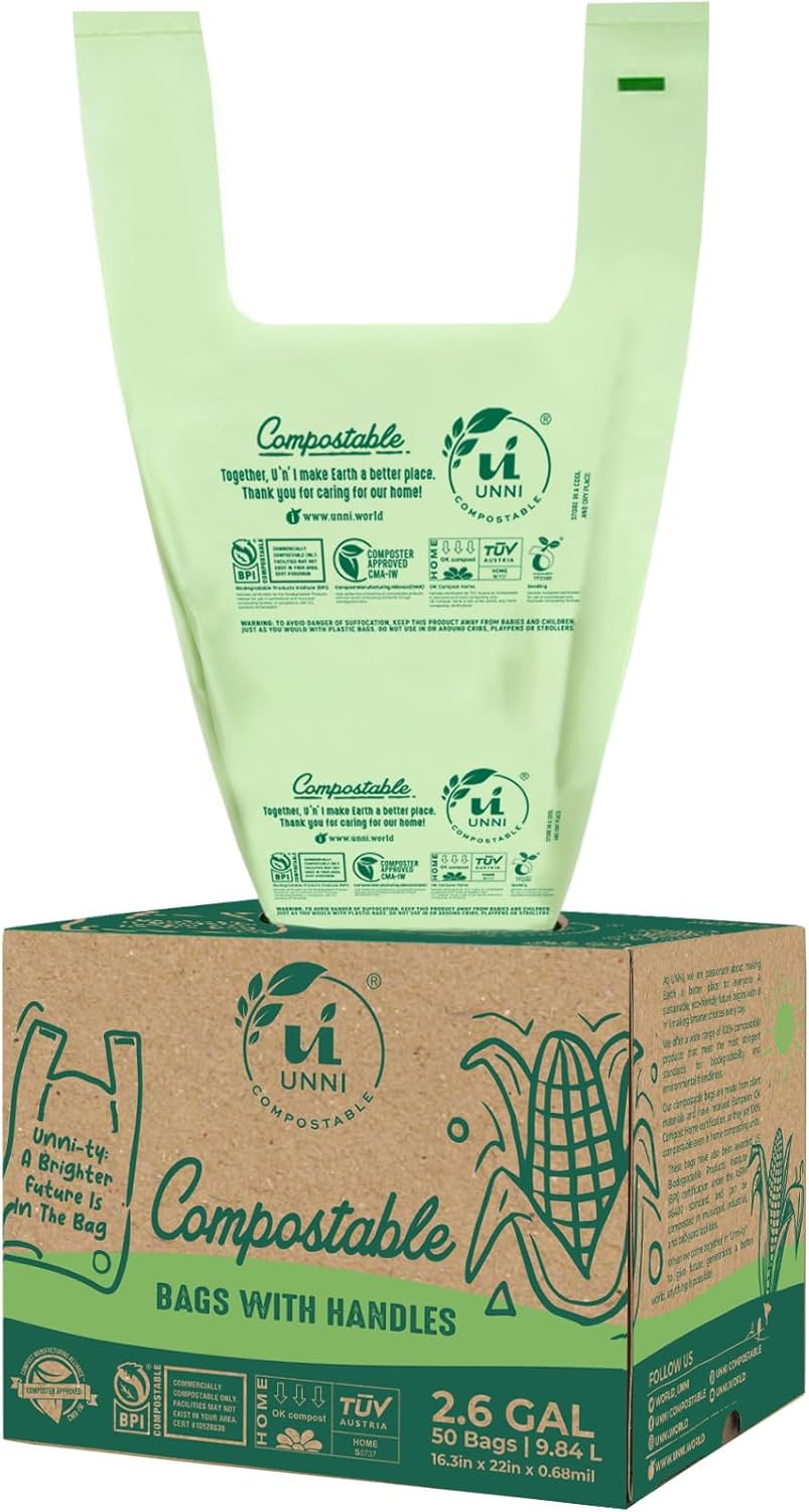 UNNI 13 Gallon Compostable Trash Bags with Tie Handles, 30 Count Small Food Scrap Kitchen Compost Bags for Countertop Bin, Certified by BPI, CMA & OK compost HOME, Meets ASTM D6400