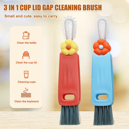 3 in 1 Multifunctional Cup Lid Gap Cleaning Brush Set, Portable Bottle Cleaning Brush, Home Kitchen Crevice Cleaning Tools for Bottles, Cups, and Tight Spaces, 2PCS (Red and Blue)