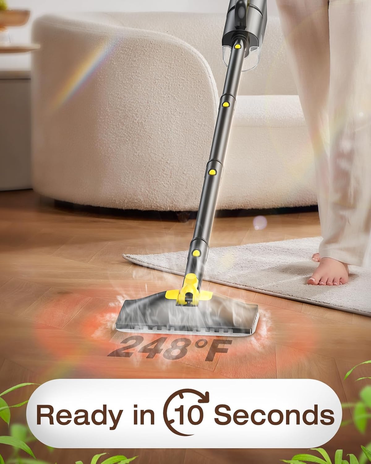 10-in-1 Steam Mop with Detachable Handheld Steamer, 350ml Tank, 10s Heat-Up, 248°F Steam Cleaner, 3-Level Control and Swivel Head for Floors, Carpets, Tiles, BBQ grill Multi-Surface Clean White