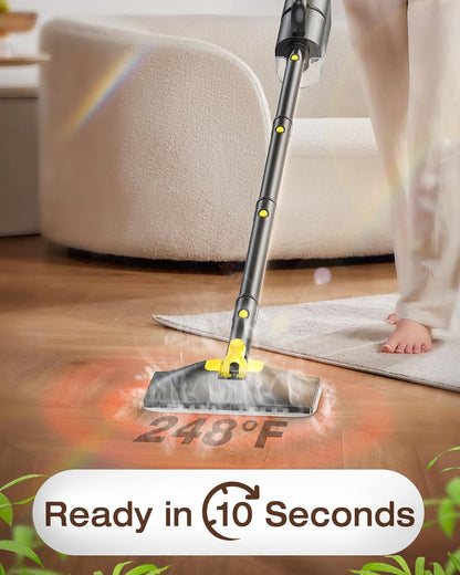 10-in-1 Steam Mop with Detachable Handheld Steamer, 350ml Tank, 10s Heat-Up, 248°F Steam Cleaner, 3-Level Control and Swivel Head for Floors, Carpets, Tiles, BBQ grill Multi-Surface Clean White