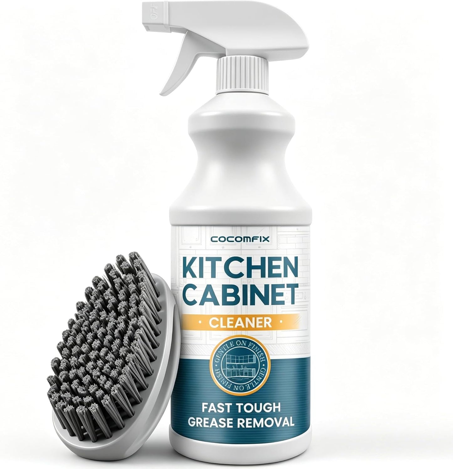 cocomfix Kitchen Cabinet Cleaner, Tough & Gentle Degreaser for Wood, Painted Kitchen Cabinet & Furniture, Grime & Grease Remover – No Residue, No Streaks, with Soft Scrub Brush – 32oz