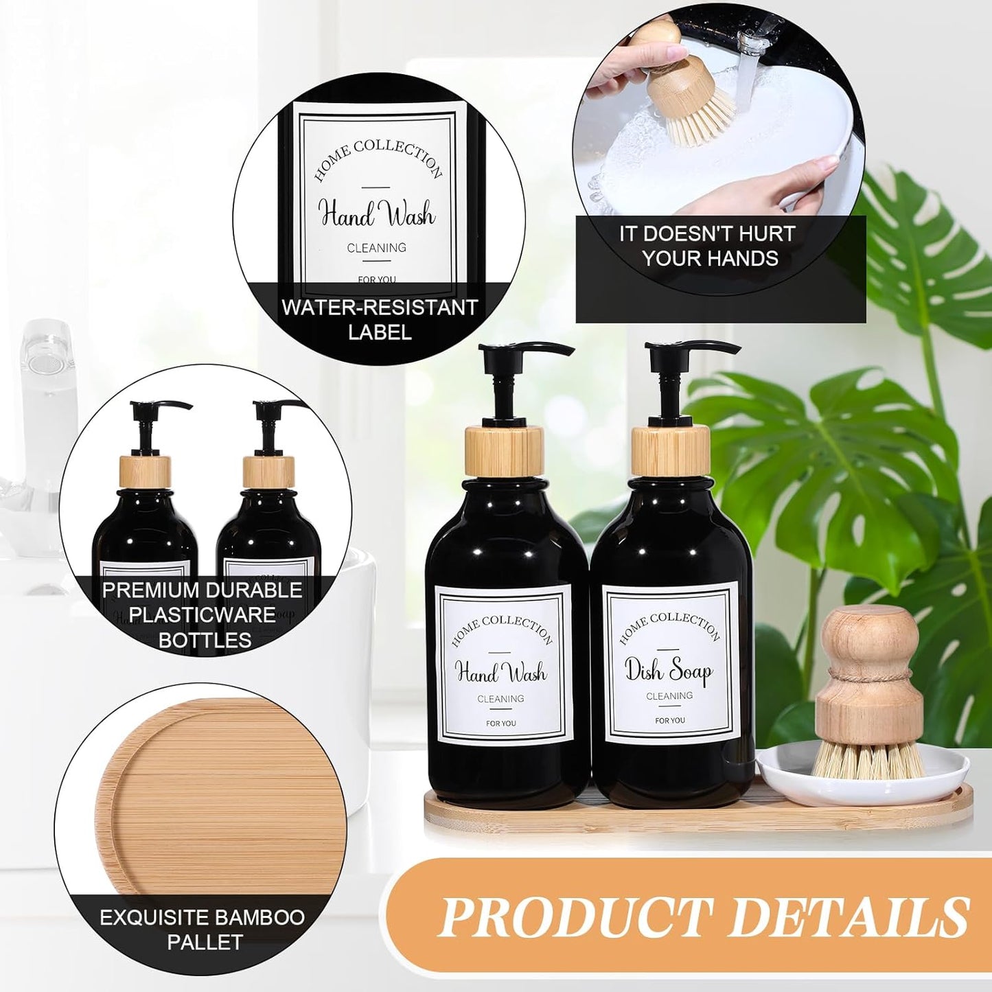 Zopeal 4 Pcs 16 oz Kitchen Soap Dispenser Set with Bamboo Tray and Dish Brush Plastic Soap Dispenser Set with Waterproof Labels for Hand Dish Lotion(Frosted Black)