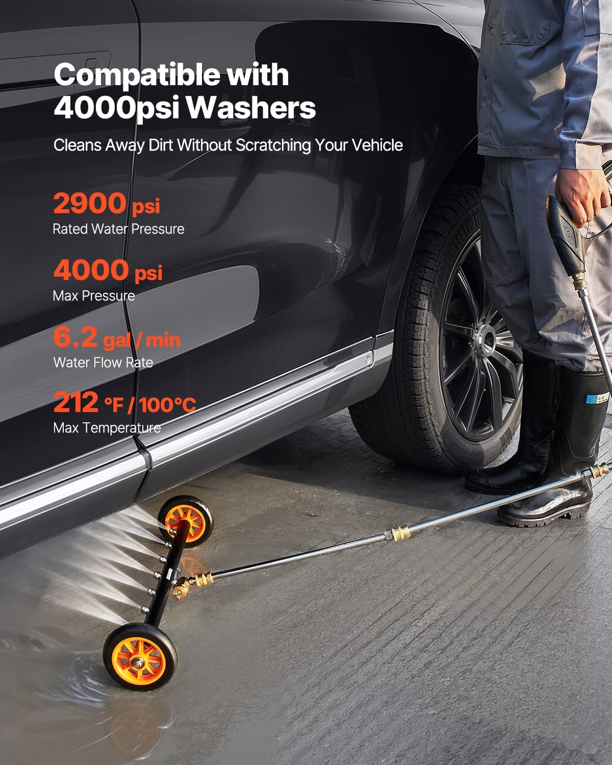VEVOR 16 Inch Pressure Washer Undercarriage Cleaner, 4000 PSI Stainless Steel Cleaner with Angle Adjustment and 4 Nozzles, with 2 Extended Wands for Driveway, Patio, Deck