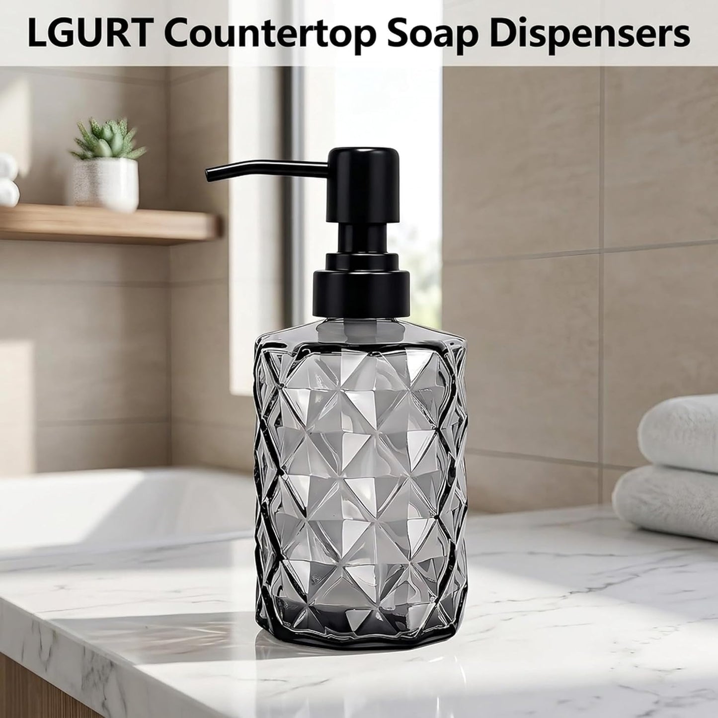 12 Oz Clear Black Glass Soap Dispenser with Plastic Pump - Refillable Liquid Hand Soap Dispenser for Kitchen Soap Dispenser for Bathroom, Hand Soap, Dish Soap