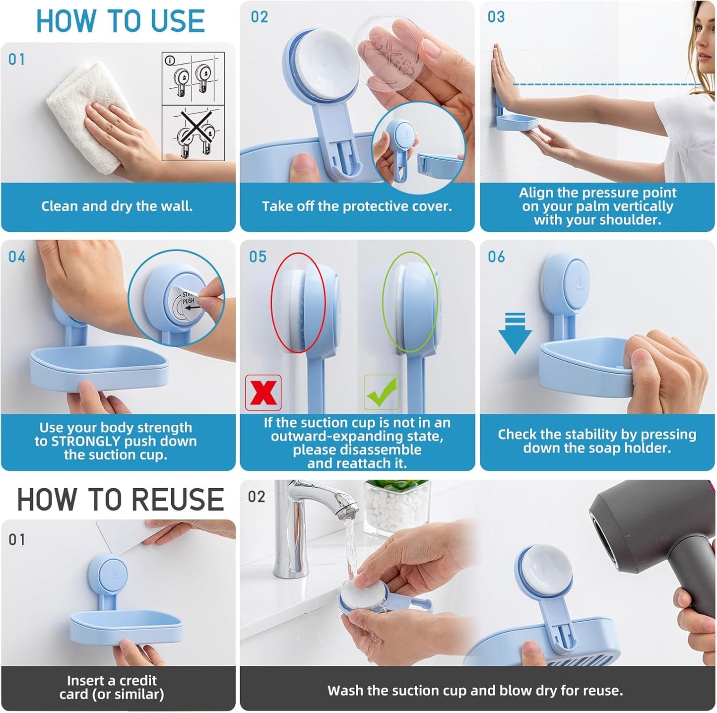 LEVERLOC Soap Holder Shower with Hooks, Bar Suction Cup Soap Dish Tray for Wall, Rust-Proof Stainless Steel Sponge Caddy for Bathroom Accessories Organizer Bathtub Kitchen Sink, Black