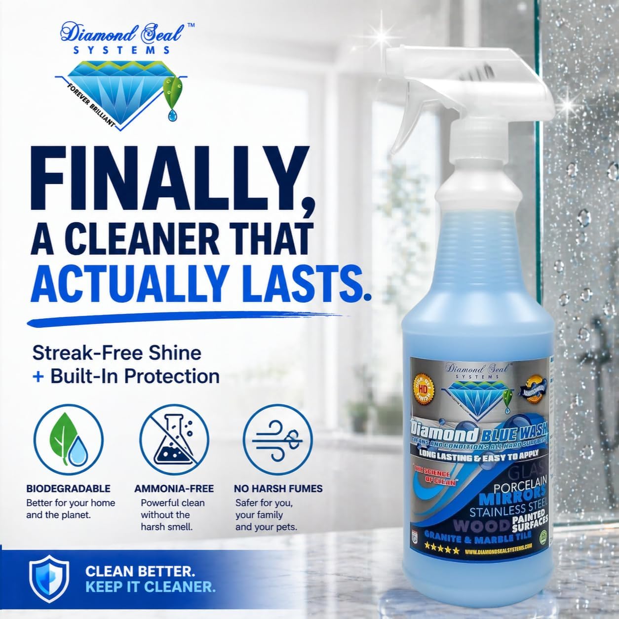 Made in the USA. Diamond Blue Repellent Wash Multi Surface. Cleans,Shine Best Cleaner for Glass, Granite, Countertops Wood & Stainless Steel. Direct from the Manufacturer 32oz Easy to use spray bottle