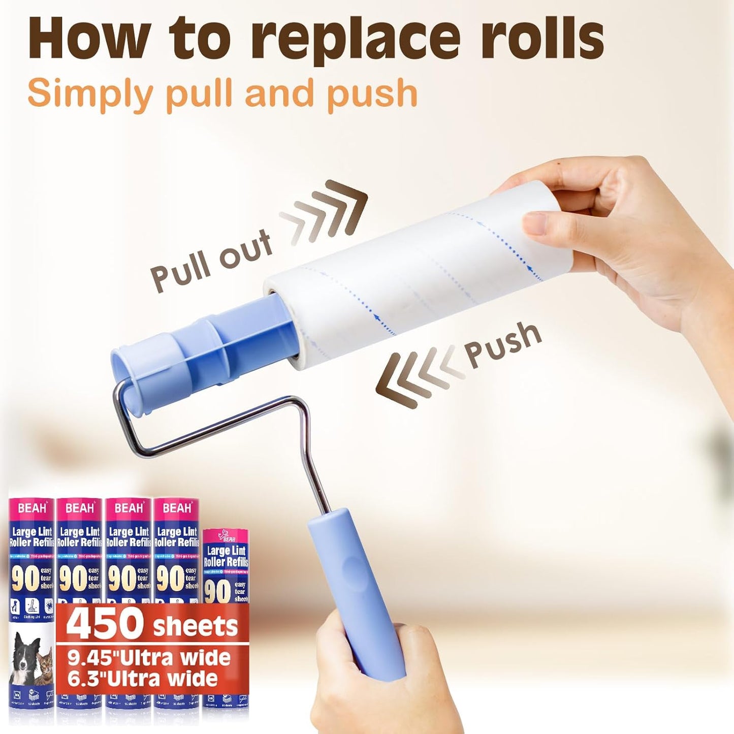 Large Lint Roller for Pet Hair Extra Sticky,10 Years Lifespan,9.45''/6.3" Pet Hair Removal Tool Roller for Dog Cat Hair,450 Sheets/5 Refills,Detachable Telescoping Extension Large Lint Roller