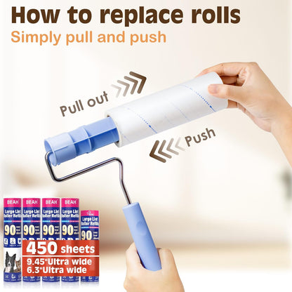 Large Lint Roller for Pet Hair Extra Sticky,10 Years Lifespan,9.45''/6.3" Pet Hair Removal Tool Roller for Dog Cat Hair,450 Sheets/5 Refills,Detachable Telescoping Extension Large Lint Roller