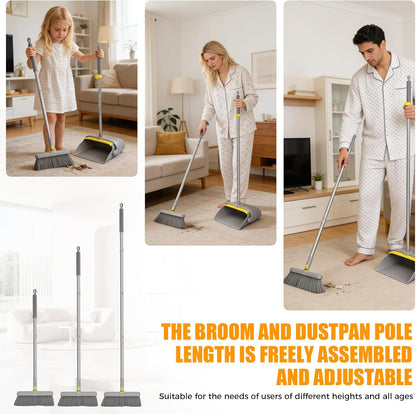 Upgrade Broom and Dustpan Set 180° Rotatable Head with 61" Extra Long Adjustable Handle Self-Cleaning Dustpan Teeth&Zero Gap Indoor Outdoor Sweeping for Home Kitchen Office Pet Hair-Gray&Yellow