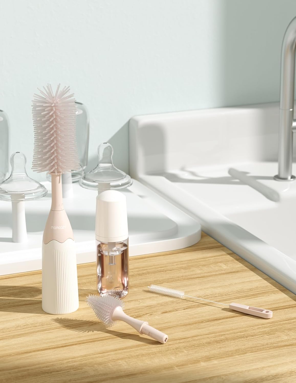 Momcozy Bottle Brush Set - Baby Bottle Cleaner Kit with Silicone Brush, Nipple Brush, Straw Brush, Soap Dispenser, Drying Rack - 7 in 1 Bottle Cleaning Tool for Home and Travel, Green