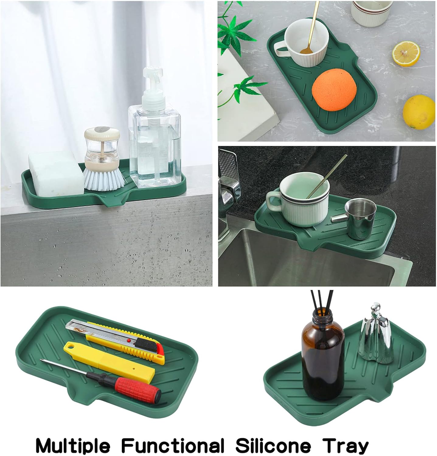 MicoYang Silicone Bathroom Soap Dishes with Drain Spout-Bathroom and Kitchen Sink Organizer,Sponge Holder,Dish Soap Tray,Perfect for Dispenser,Scrubber,Bottle,Cup on Sink or Counter-Black 4.9"×3.2"