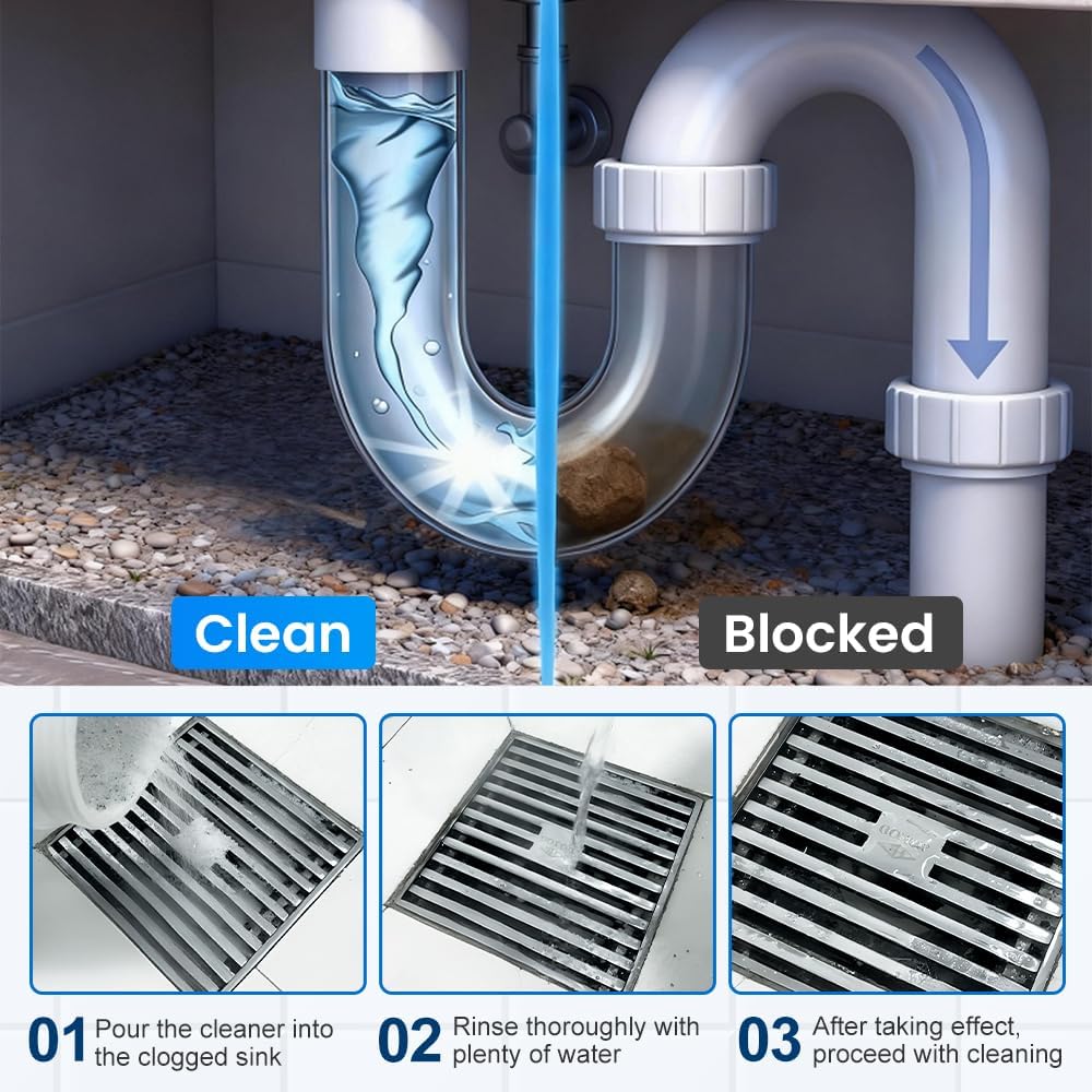 Multi-Functional Drain Cleaner Powder | Quick Foaming Heavy Duty Clog Remover, Powerful & Fast-Acting Pipe Declogger for Kitchen Sink, Bathroom, Shower & Sewer Drains (2PCS)