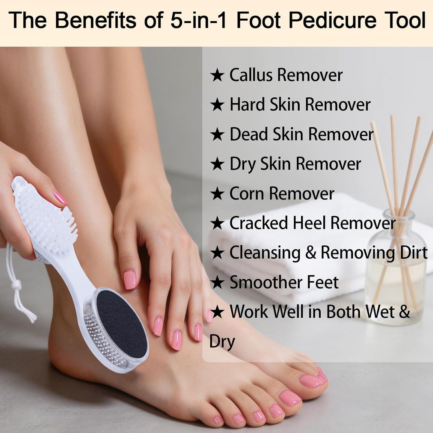 Foot File Callus Remover 5-in-1, 2 Pcs Feet Scraper Pedicure Tools with Pumice Stone, Scrubber Brush, Stainless Steel Foot Rasp and Sand Paper Debris Catcher, Multi Purpose, Cyan