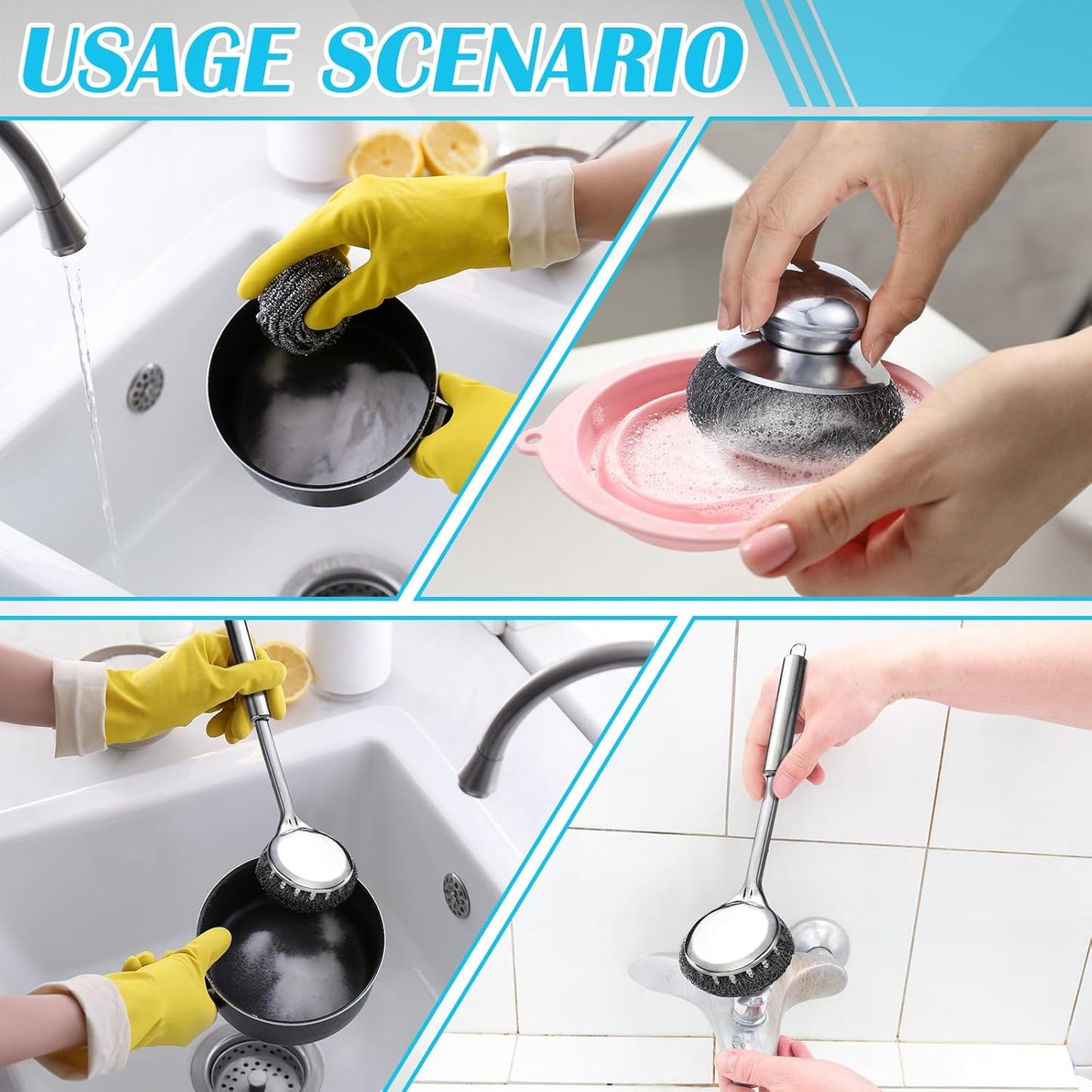 SiliFine 6 Pack Stainless Steel Scrubber with Handle, Silver Stainless Steel Pan Cleaner Deep Cleaning Scrubber for Dishes Tableware Home Kitchen Cast Iron, Stock Pots, Pans