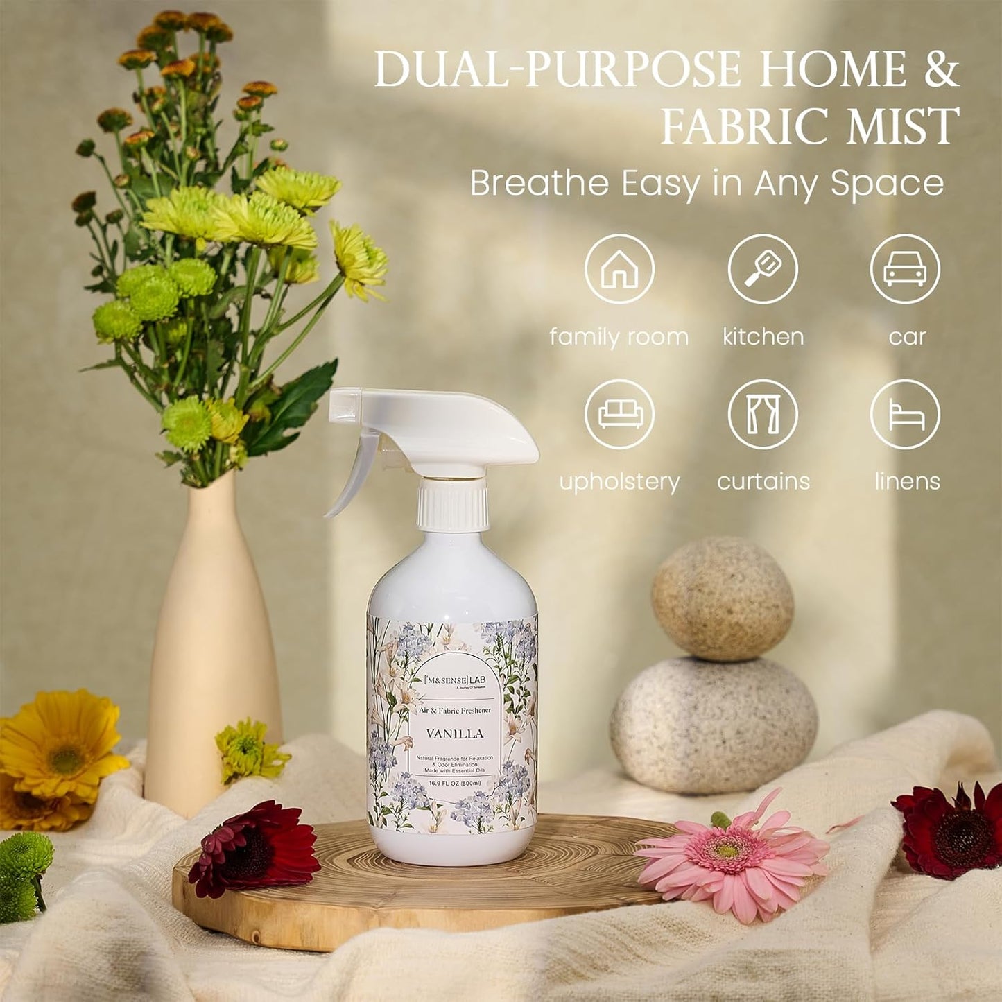 ‌M&SENSE Air & Fabric & Pet Odor Eliminator Spray - 16.9oz Large Size Natural Safe Air Freshener Rose Scented Deodorizer for Home Eliminates Smoke & Musty Smells, Ideal for ‌Dining Room Living Spaces