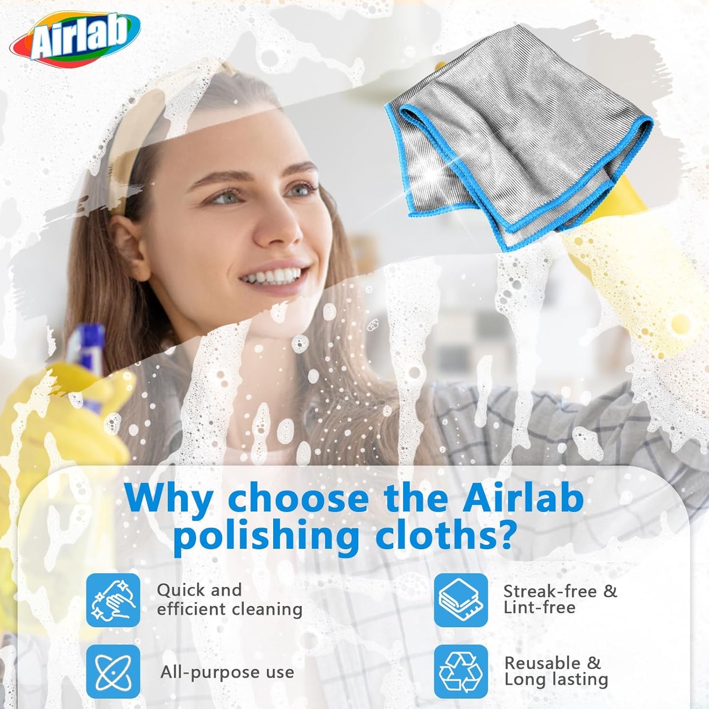 Glass Polishing Cloth Streak Free Miracle Cleaning Cloth Lint Free Microfiber Cleaning Rags for Glasses Kitchen Dish Mirrors Easy Clean, Pack of 6, 12" x 12"