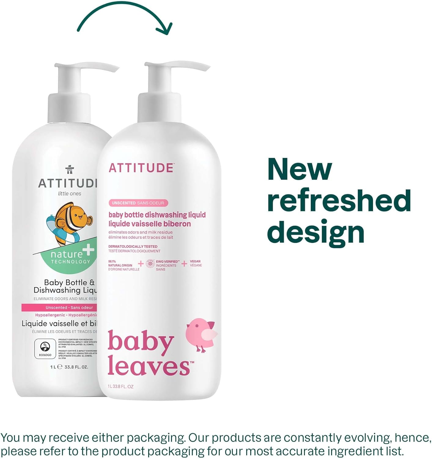 ATTITUDE Baby Bottle & Dish Soap, EWG Verified Bottle Cleaner, Fragrance Free & Dye Free, Removes Milk Residue & Grease, Vegan, Unscented, 23.7 Fl Oz