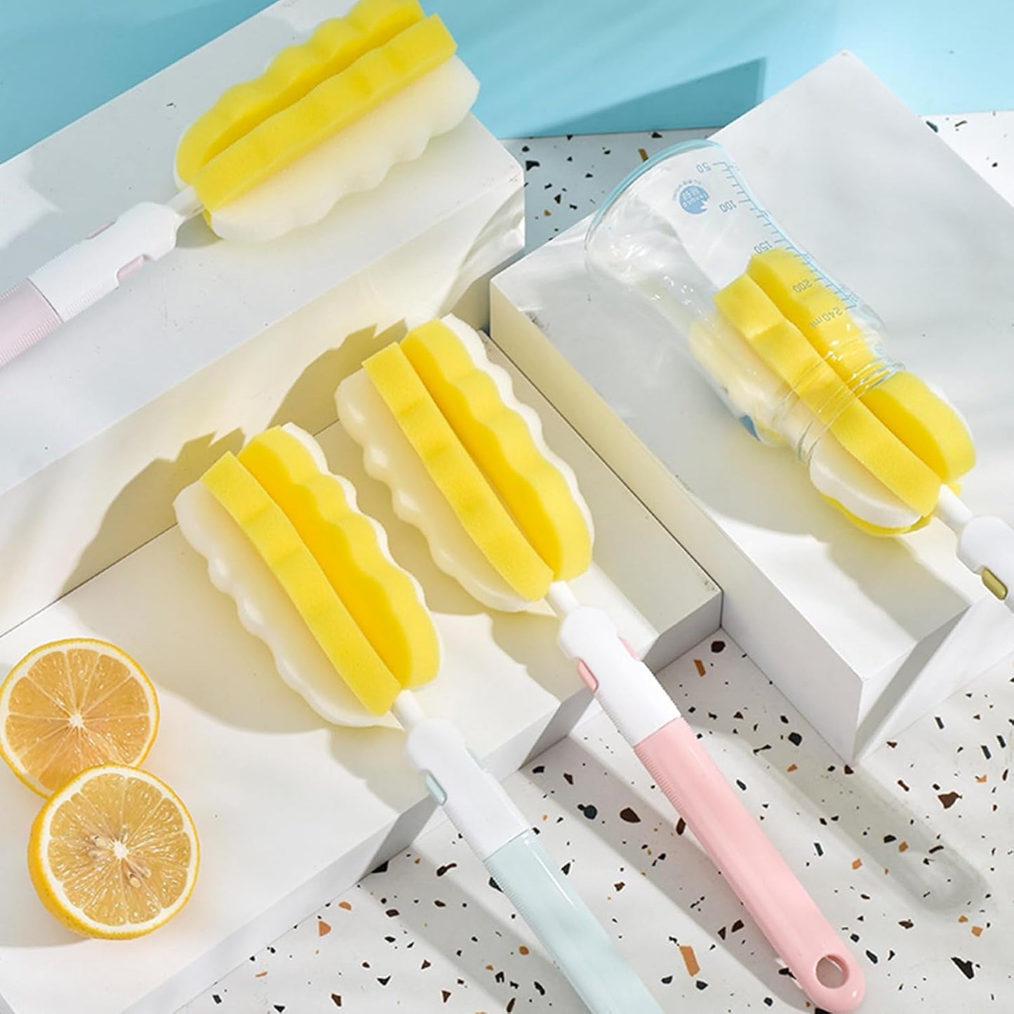 INVODA 4PCS Bottle Brush Long Handle Cup Cleaner Brush Sponge Bottle Scrubber Detachable Handle Portable Sponge Cleaning Brush for Baby Bottle Dishwashing Kitchen Clean Glasses Mugs (4 PCS)
