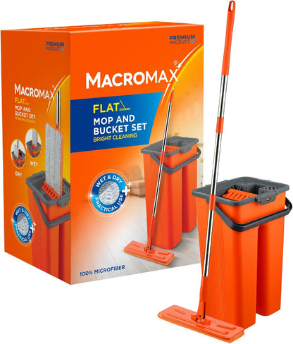 Macromax Flat Mop and Bucket Set – 100% Microfiber Mop with Dual Wet & Dry Use – Slim Design for Corners & Under Furniture – Easy-Squeeze Bucket for Hardwood, Tile & Laminate Floors