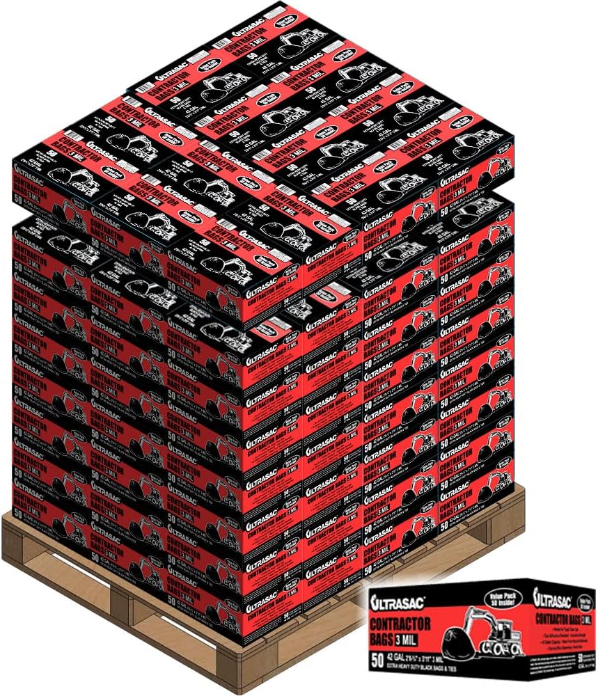 Ultrasac Heavy Duty Contractor Bags (VALUE 50 PACK/w TIES), 42 Gallon, 32.75" X 47" - 3 MIL Thick Large Black Industrial Garbage Trashbags for Construction and Commercial use
