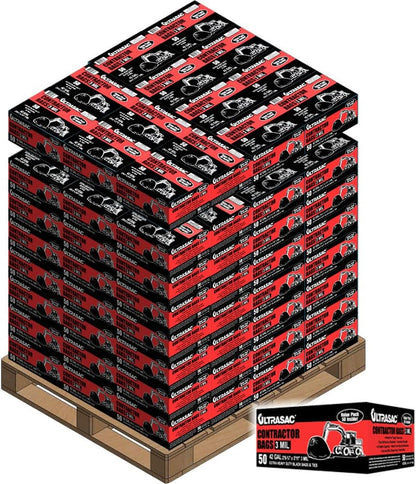Ultrasac Heavy Duty Contractor Bags (VALUE 50 PACK/w TIES), 42 Gallon, 32.75" X 47" - 3 MIL Thick Large Black Industrial Garbage Trashbags for Construction and Commercial use