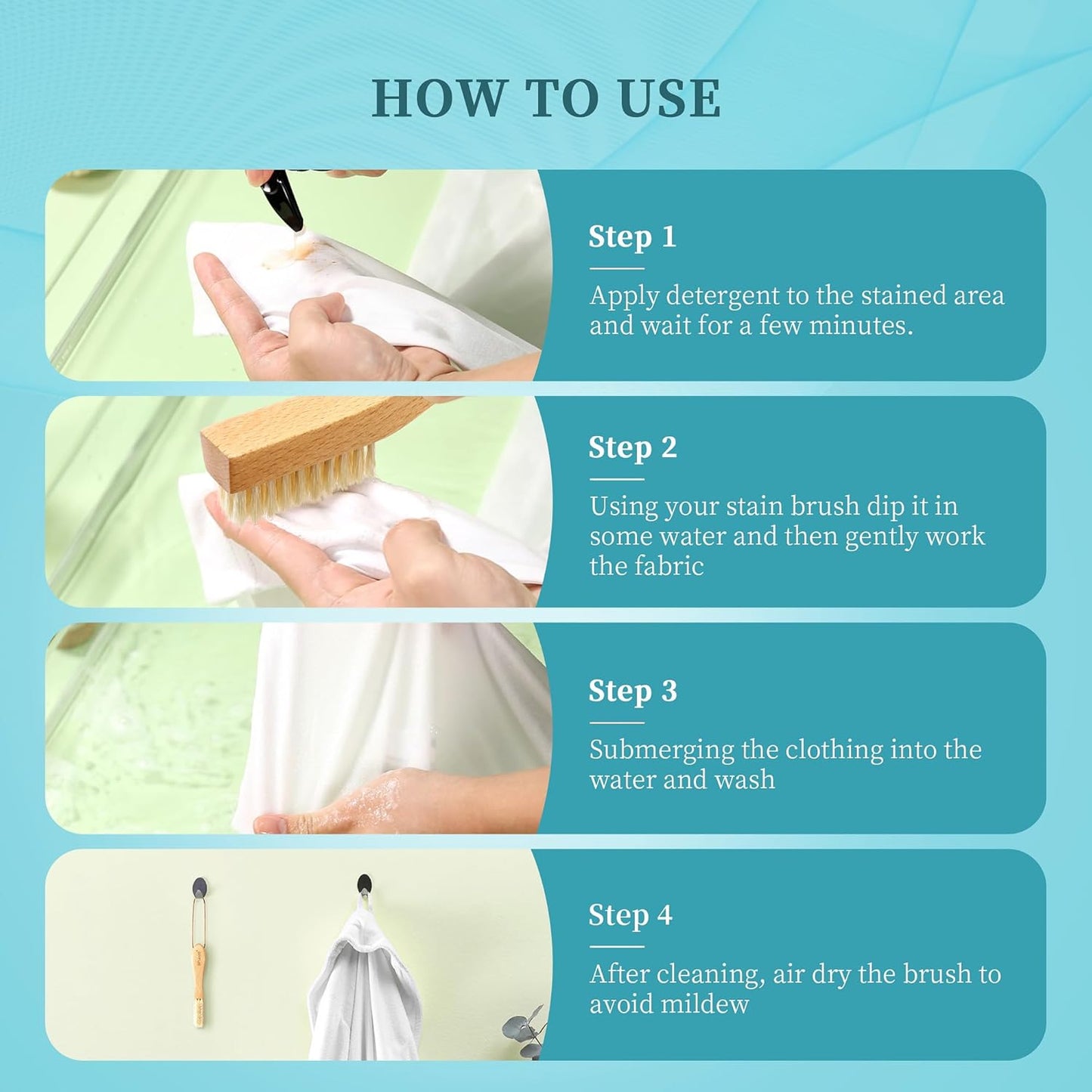 BFWood Laundry Stain Brush, Natural Soft Boar Bristles, Removes Tough Stains from Delicate Fabrics Like Knits, Cotton, and Linens, Gentle on Fabrics, No Damage