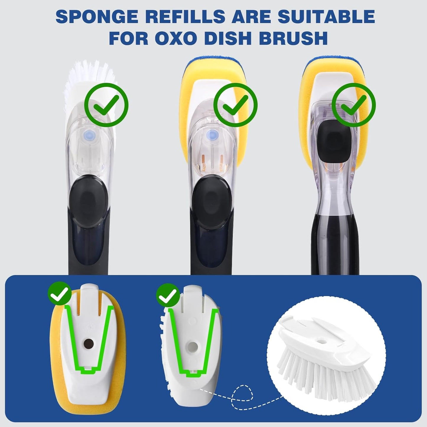 Sponge Brush Refills for OXO Dish Brush, 8 Pack Soap Dispensing Dish Refills, Scrub Replacement Head for Scrubber, Sponge Replacement Head Fits Soap Dispensing Handle