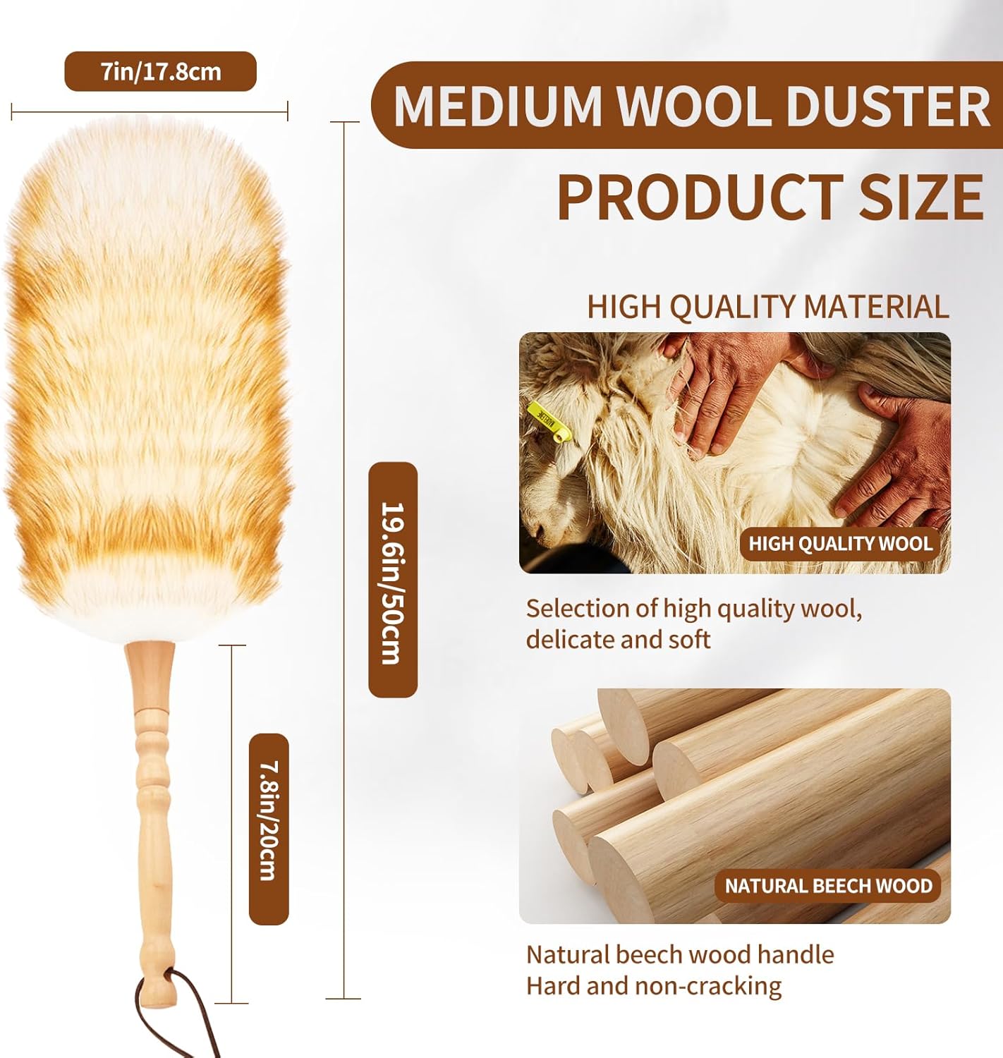 Lambswool Duster for Cleaning with Solid Wooden Handle Leather Hang Strap 87.8" Removable Retractable Feather Duster for Cleaning Ceiling Fans Window Blinds Interior Roof Furniture(2 Pack)