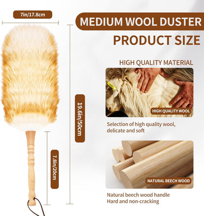 Lambswool Duster for Cleaning with Solid Wooden Handle Leather Hang Strap 87.8" Removable Retractable Feather Duster for Cleaning Ceiling Fans Window Blinds Interior Roof Furniture(2 Pack)