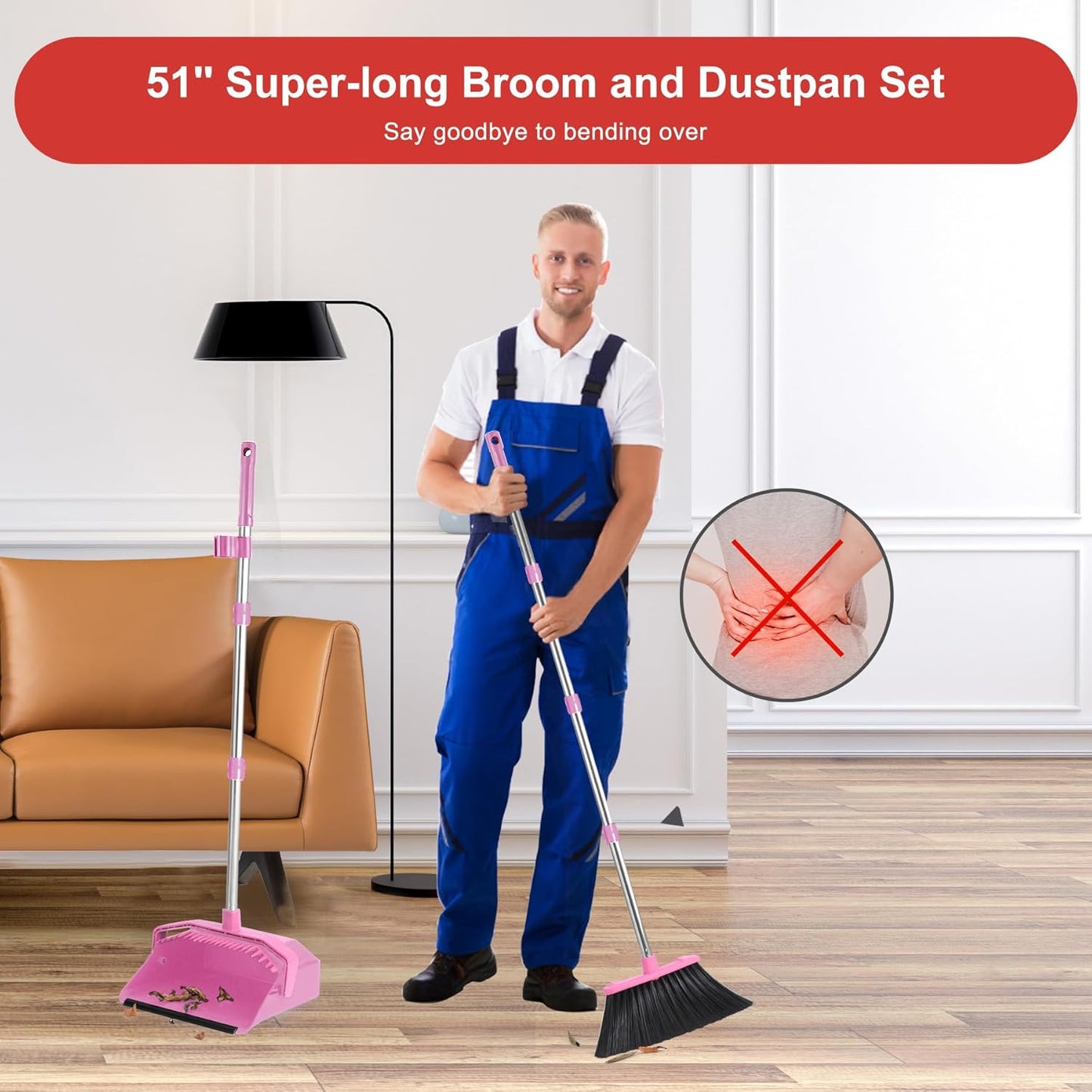 Tiumso Upgrade Broom and Dustpan Set, Broom with Dustpan Combo Sets, Large Brooms and Dust Pan with Handle, Self-Cleaning Dust Pans, Heavy Duty Broom and Dustpans Set for Lobby Kitchen Office - Green