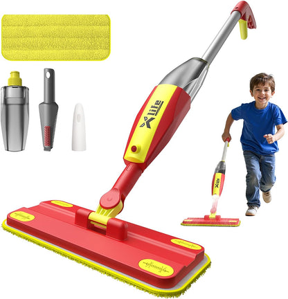 Xlife Kids Spray Mop Set - Montessori Toy for Ages 4-8 Real Water Sprayer & Sweeper Combo, Pretend Play Housekeeping Kit, Washable Pads (Red)