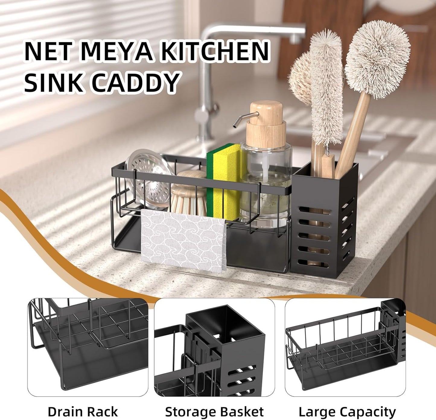 Kitchen Caddy Sink Organizer,Sponge Holder for Kitchen Sink,Dish Soap Dispenser,Kitchen Sink Accessories Countertop Organizer,Stainless Steel Sink Sponge Caddy Over the Sink Shelf