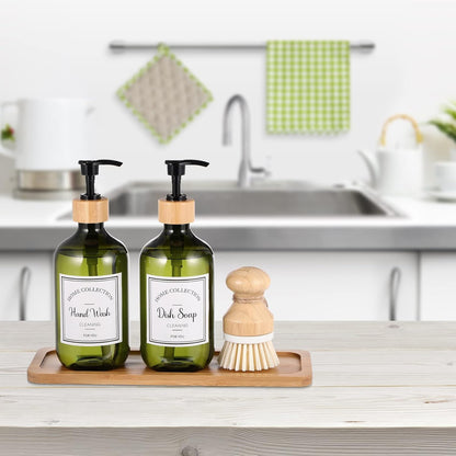 Zopeal 4 Pcs 16 oz Kitchen Soap Dispenser Set with Bamboo Tray and Dish Brush Plastic Soap Dispenser Set with Waterproof Labels for Hand Dish Lotion(Frosted Black)