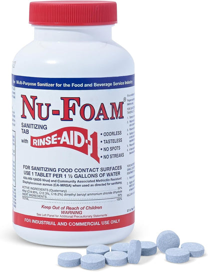 Nu-Foam Sanitizing Tablets for Bar Glassware – Superior Rinse Aid - Hand Washing Bar, Tavern, Brewery Supplies - Spotless Serving Glasses - 6 Jars 600 Tablets/ 3600 Quarts (6 Pack 600 Tablets)