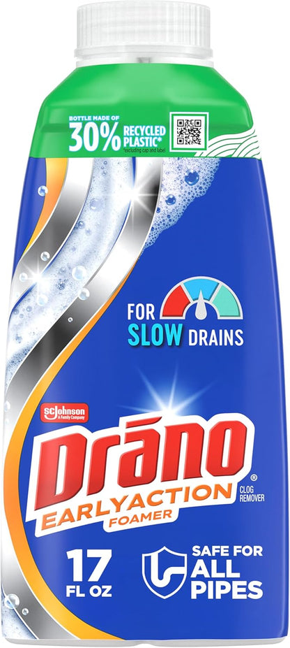 Drano Early Action Foamer Drain Clog Remover and Cleaner for Shower or Sink Drains, Unclogs and Removes Sources of Odor, 17 Fl Oz