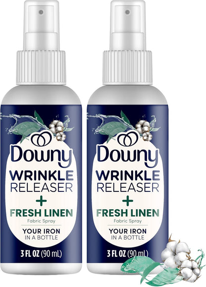 Downy Wrinkle Releaser Spray All In One Wrinkle Release Spray Travel Size, Odor Eliminator, Static Remover Fabric Refresher & Ironing Aid for Clothes 3 Fl Oz (Pack of 2), Crisp Linen Scent
