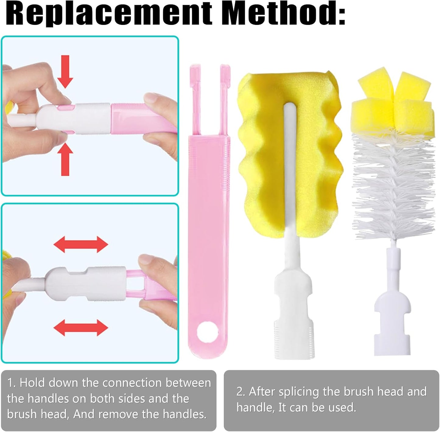 Baby Bottle Cleaning Brush 6-Piece Set Detachable Sponge Bottle Brush, Nylon Milk Bottle Brush, 2PCS Nipple Brush, 2PCS Straw Brush (Pink)