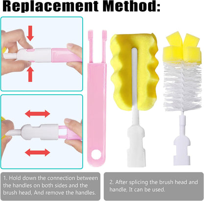 Baby Bottle Cleaning Brush 6-Piece Set Detachable Sponge Bottle Brush, Nylon Milk Bottle Brush, 2PCS Nipple Brush, 2PCS Straw Brush (Pink)